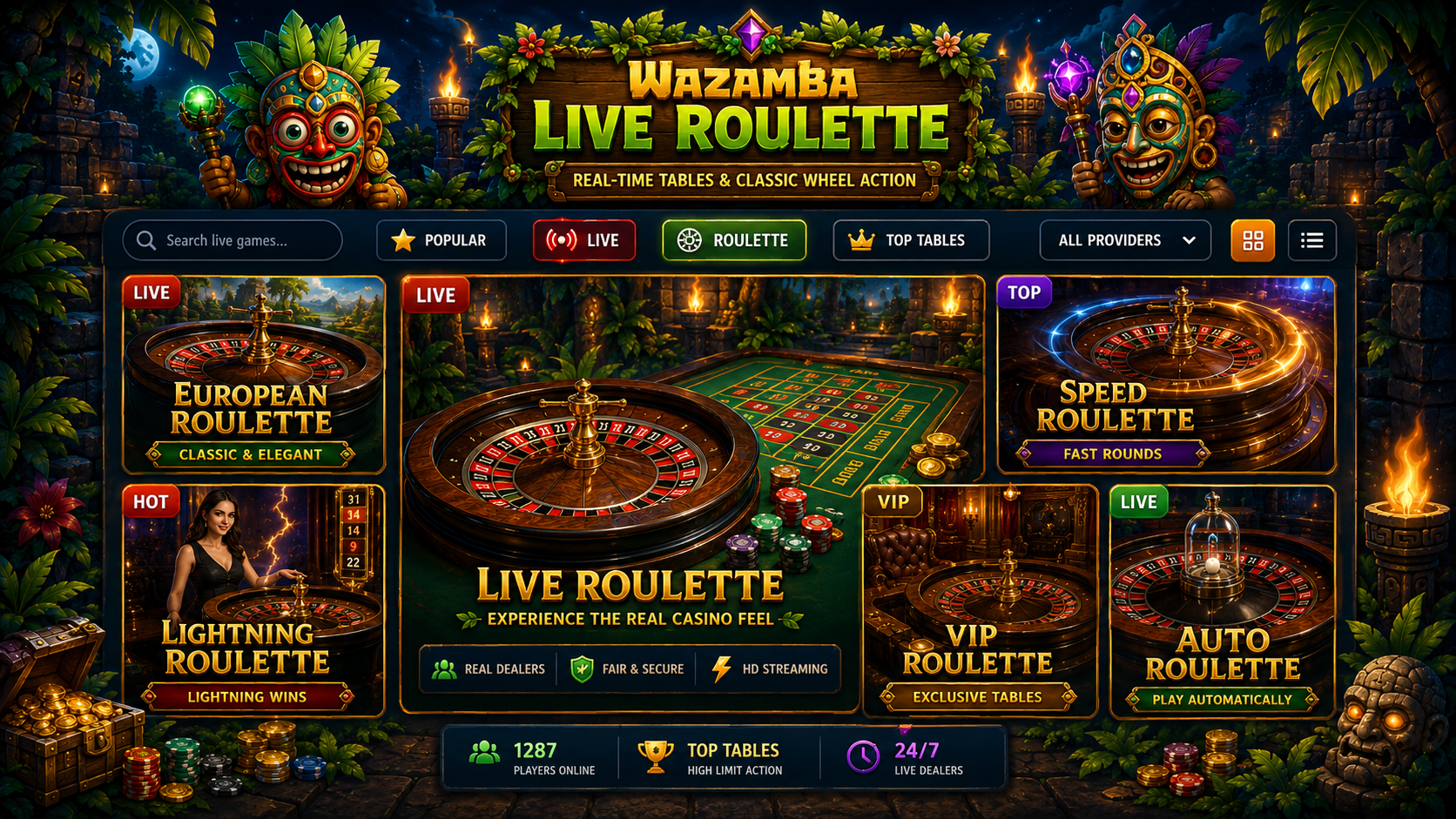 Ilustrace kola rulety a hracích karet představující živé casino Wazamba